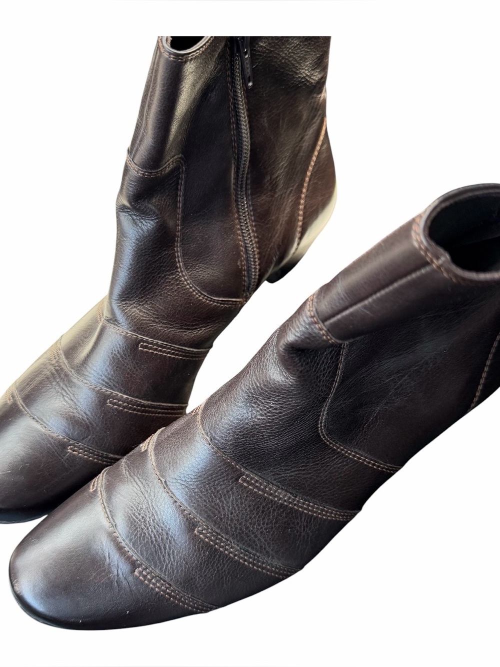 Paul Green Brown Leather Booties Made in Austria Decorative Stitching Side Zip
7